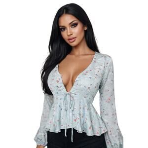 Adelyn Rae Blouse Womens Small Floral Aqua Green Bell Sleeve